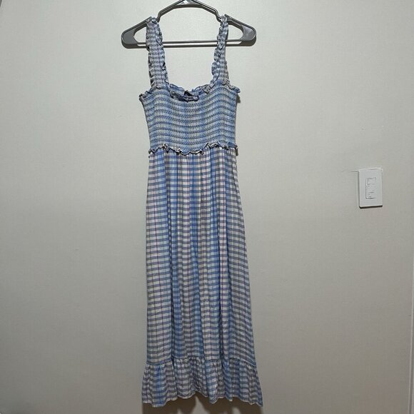 Rails Rumi Smocked Blue Ivory Sky Cherry Midi Linen Blend Dress Size Medium - Picture 3 of 11